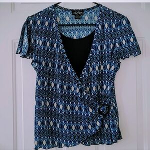 Russell Kemp NY Blue and Ivory Wrap Blouse